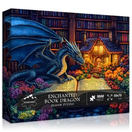 Dragon Puzzles for Adults 1000 Pieces, Magic Dinosaur Library Book Nature Garden Flower Themed, Fantasy Animal Wildflower Challenge Jigsaw Puzzle