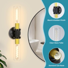 SILAMPDI 2-Light Bathroom Vanity Light Fixture, Black and Gold Sconces Wall Lighting with Clear Glass Shade, Modern Wall Sconce for Mirror, Living Room, Bedroom, Hallway, E26 T10 Bulbs(Excluded)