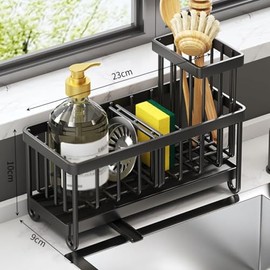 Sink Organiser, Kitchen Sponge Holder, Sink Organiser, Stainless Steel | Sink Organiser with Removable Brush Holder, Kitchen Organisation Sink, Sink Caddy Kitchen Drip Holder, Black