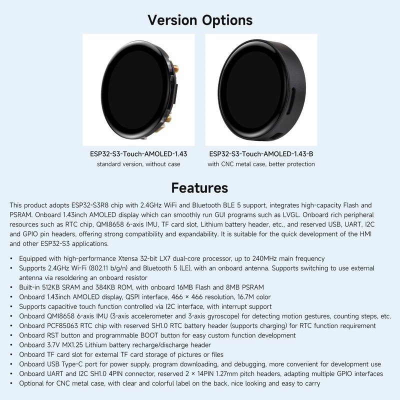 Waveshare ESP32-S3 1.43 inch AMOLED Display Development Board with CNC