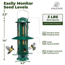Kingsyard Squirrel Proof Bird Feeder for Outdoors Hanging, Metal Wild Bird Feeders with Removable Base and Baffle, Easy to Clean & Refill, 3 lbs Large Seed Capacity, Dark Green