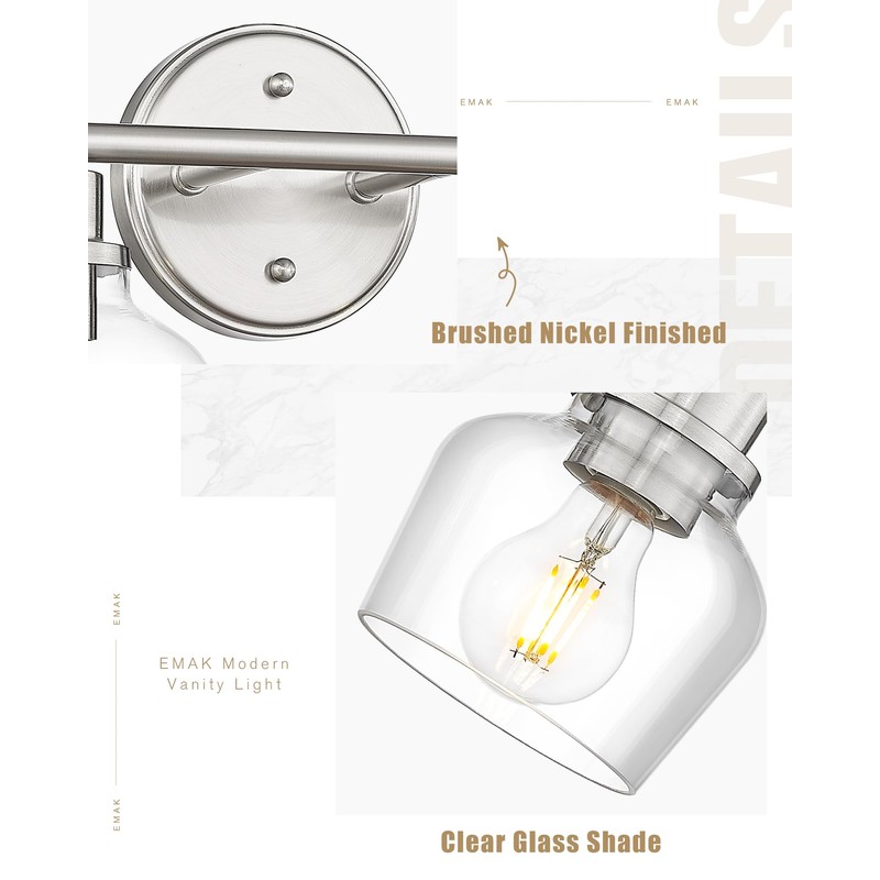 Emak 2-Light Vanity Lights, Brushed Nickel Bathroom Lights Over Mirror