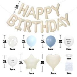 Dusty Blue Birthday Decorations for Men Women Kids,White Sand Cream Happy Birthday Banner Balloons Heart Star Foil Clear White Polka Dot Balloons for Birthday Baby Shower Party Decorations