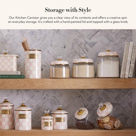 MACKENZIE-CHILDS Rosy Check Kitchen Canister, Decorative Pink-and-White Glass Storage Jar with Lid, Large