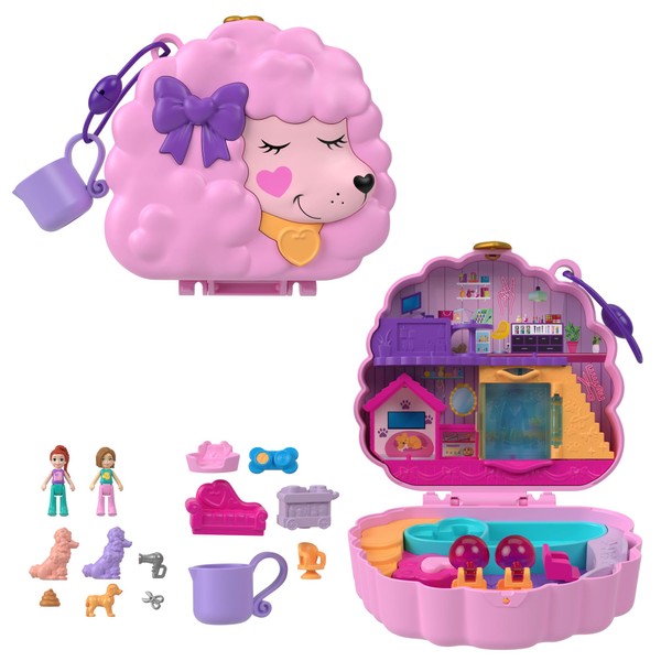 Polly Pocket Dolls and Playset, Animal Toys, Groom & Glam Poodle Compact Playset with Water Play and 2 Color-Change Pieces, HKV35