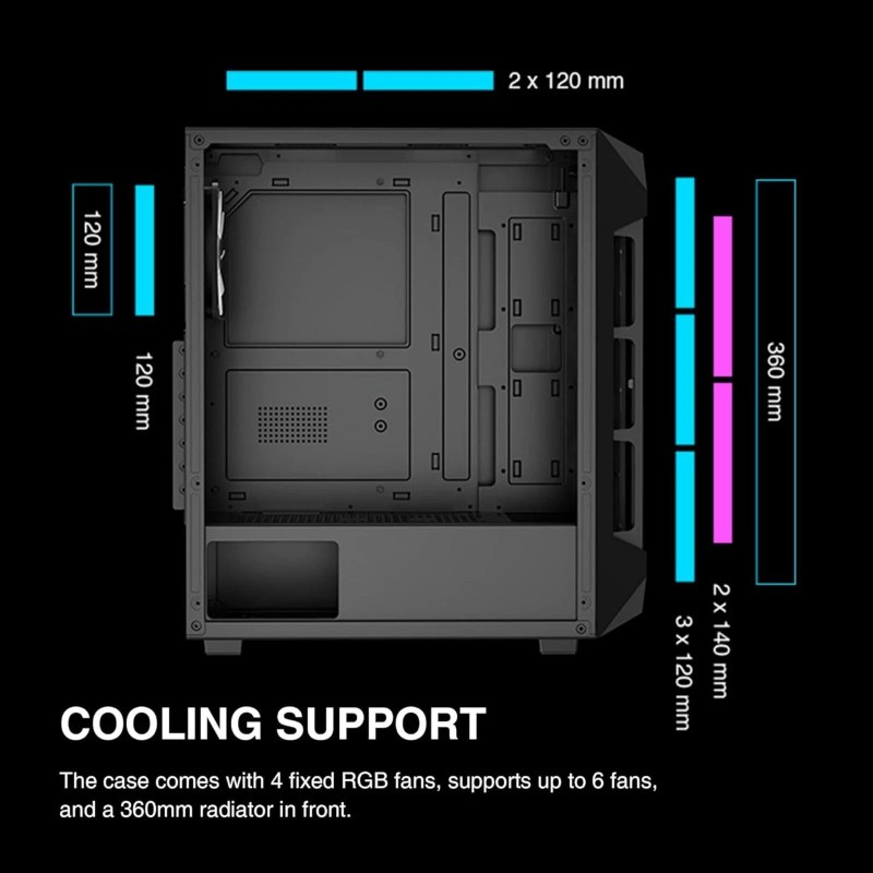 GAMDIAS ATX Mid Tower Gaming Computer PC Case Tempered Glass,