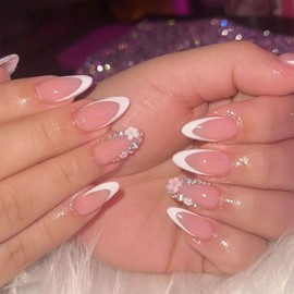Flowers Press on Nails French Tip Fake Nails Almond Tips Nude Long False Nails Full Cover Acrylic Stick on Nails White French Tip Ballet Nails for Women Girls Daily Wear Nails Decoration 24Pcs