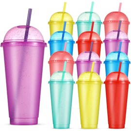 KAHEIGN 12Pcs 710ml Plastic Tumblers with Dome Lids and Straws, Colorful Gliter Water Cups Reusable Cute Kids Drinking Cup Bulk Travel Mugs Party Tumbler for Iced Drinking Coffee Water (6 Colors)