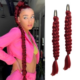 2 packs Braided Hair Extension for black women Straight Wrap Around Ponytail Braided Extensions pre Stretched (red)