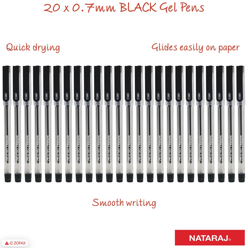 NATARAJ - 20 Gelix Gel BLACK Pens 0.7mm Fine Tip