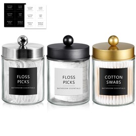 SheeChung 3-Pack Glass Apothecary Jars (Mix Colors) - Black, Gold, Brushed Nickel Stainless Steel Qtip Holder Set - Modern Bathroom Vanity Organizer for Cotton Swabs, Balls, Pads - Multi-Color Decor