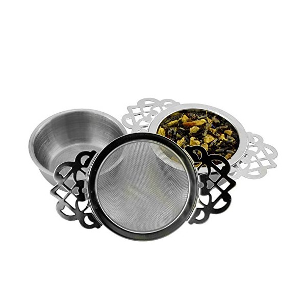 Solstice Empress Tea Strainers with Drip Bowls (2-Pack); Elegant Stainless Steel Loose Leaf Tea Strainers