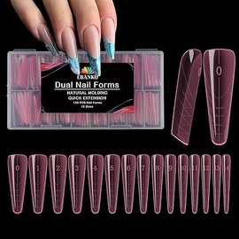 EBANKU 120Pcs Matte Dual Nail Forms, Clear Poly Gel Nail Molds Square Full Cover Coffin Nail Tips Extension Forms 12 Sizes for Gel Manicure Nail Art Design Salon&DIY - Pattern: Long Coffin-150Pcs
