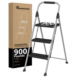 DIAMONDFORGE 3 Step Ladder, Folding Step Stool with Anti-Slip Wide Pedal, Soft Handle, Anti-Slip Feet, Sturdiest Steel Construction, 900lbs Capacity Steel Ladder for Home and Office, Grey