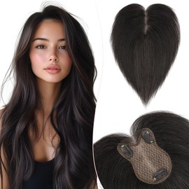 Silk-co Hair Topper Real Hair 21 g, 8 x 11 cm Hand-Tied Base Toupee Women, Clip-In Hairpieces with Lace Silk Base, No Fringe, 27 cm, #1B Natural Black