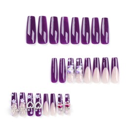 IMSOHOT Press on Nails Purple Long Square Fake Nails French Tips Glossy Gel False Nails with Designs Full Cover Cute Kitten Glue on Nails 24PCS