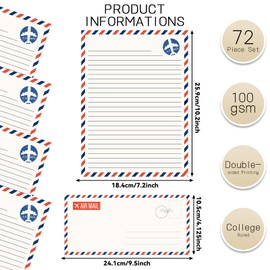 gisgfim 72Pack #10 Business Size Vintage Airmail Stationery Set (36 Lined Sheets + 36 Matching Envelopes) Airmail Paper Envelopes Set Airmail Stationary Paper for Letter Writing Invitation Christmas