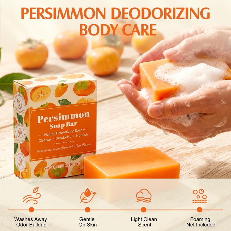 2PCS Persimmon Soap for Odour Body, Deep Cleansing & Moisturising
