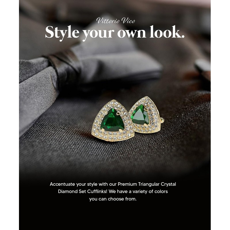 Vittorio Vico Triangular Crystal Diamond Set Cuff Links (Emerald/Gold, CL-7214)