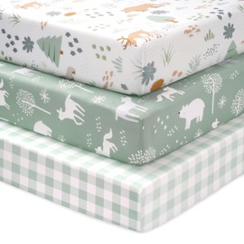 FIEMOL Baby Mini Crib Sheets Boy, Portable 38”x26” Pack and Play Sheets Fitted for Playard and Pack N Play Mattress, 3-Pack Soft Microfiber Green Forest Bear