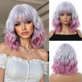 OUFEI Ombre Light Purple Bob Wigs for Women Short Wavy Wig With Bangs with Dark Roots Natural Synthetic Hair Heat Resistant Wigs for Daily Party Cosplay Wear