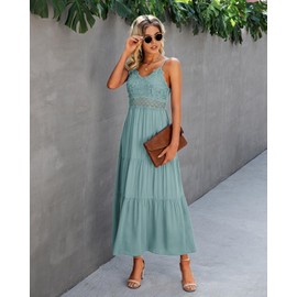 Dokuritu Women's Beach Crochet Lace Maxi Dress Solid Color Sundresses Boho Wedding Guest Summer Spaghetti Strap Long Green Dress 2024 (MintGreen, S)