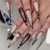 Almond Press on Nails Long Fake Nails Black French Tip Glue on Nails Matte Gradient Acrylic False Nails with Rhinestones Pearls Designs Extra Long Nails Press ons Stilettos Srick on Nails for Wpmen