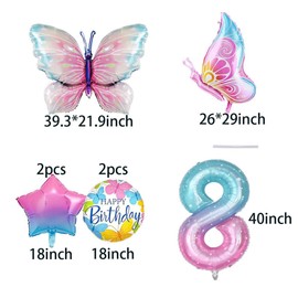 7pcs Butterfly Balloons Butterfly 8th Birthday Decorations for Gradient Colorful Butterfly Foil Balloons 8 Years Old Butterfly Theme Birthday Party Supplies Decor