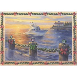Designer Greetings Red Farm Studios Yacht Entering Harbor Near Garland Decorated Dock with Lighthouse in Background Nautical Holiday Card/Christmas Card