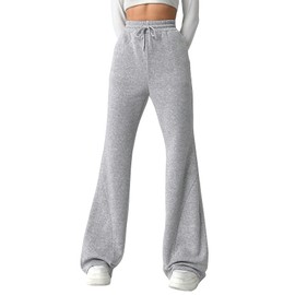 SweatyRocks Women's Casual High Waist Flare Leg Pants Drawstring Solid Long Sweatpants Grey Large