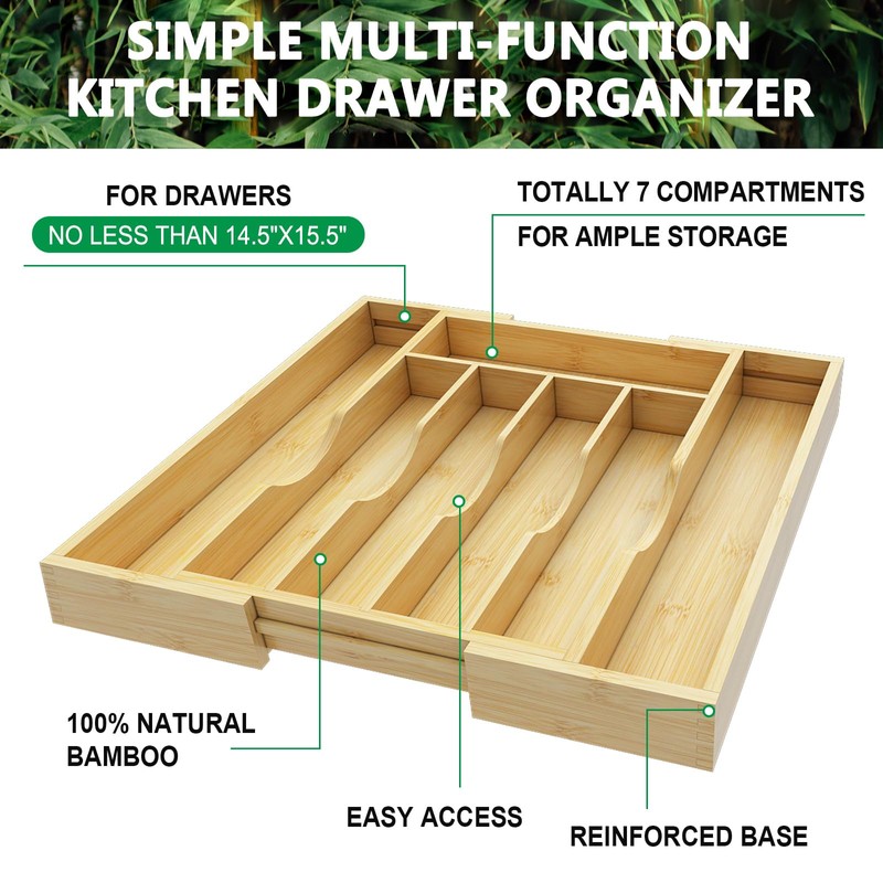 BAMBUROBA Bamboo Kitchen Drawer Organizer,Expandable Silverware Organizer,2 Pack Utensil Holder