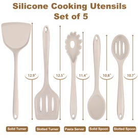 TeamFar Silicone Cooking Utensils, Kitchen Utensils Set of 5, Nonstick Cookware Tools Turners Spoons Pasta Server for Home, Healthy & Heat-Resistant, Seamless & Non-Scratch, Dishwasher Safe, Khaki