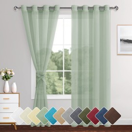 XWZO Sheer Curtains 2 Panels Linen Look Voile Curtains Semi Transparent Grommet Tieback Window Curtains for Bedroom,Light Filtering,Airy & Breathable Voile Drapes,Bean Green,W55*L88