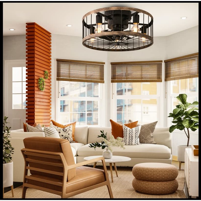 Ohniyou Flush Mount Caged Ceiling Fan with Lights Remote Control,