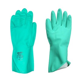 Safetyware Chemical Resistant Flocklined Nitrile Safety Work Gloves 15mil Thick Green for Cleaning Oil Dishwashing Kitchen Mechanic General Purpose (Large)