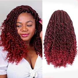 ToyoTress Boho Box Braids Crochet Hair - 12 Inch 8 Packs Ombre Burgundy Box Braids Crochet Hair Curly End Crochet Braids, Short Pre-looped Synthetic Braidsing Hair Extensions (12 Inch, T118-8P)