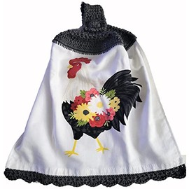 Rooster Crochet Top Hanging Kitchen Towel, with Decorative Bottom Trim, Floral Accent