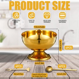 4Pcs Stainless Steel Ice Cream Bowls with 4 Spoons and Forks, 5 Oz Dessert Dishes Ice Cream Cups, Metal Dessert Cups Parfait Glasses, Gold Trifle Bowl with Pedestal for Sundae Salad Snack