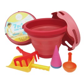 7-in-1 Compact Beach Toy Set – Space-Saving Sand Toy Play Kit for Kids - Red