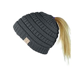 C.C BeanieTail Kids' Children's Soft Cable Knit Messy High Bun Ponytail Beanie Hat, Dark Melange Gray