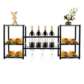 DYRABREST Wall Mounted Wine Rack with Glass Holder, Hanging Wall Mount Wine Rack Holder 34.5 Inch Industrial Wine Storage Display Rack 3 Tier Bar Shelves for Home Bar Kitchen Wine Bottles