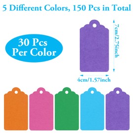 Gift Tags Kraft Paper Tags Labels 7 x 4 cm, Pack of 150 Tags and 150 Pieces Jute String, for Crafts, Christmas, Wedding Gifts (5 Colours)