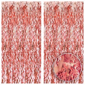 KatchOn XtraLarge Wavy Rose Gold Fringe Backdrop - 6.4x6.5 Feet Rose Gold Fringe Pack of 2 | Wine Bachelorette Party Decorations | Rose Gold Party Decorations, Rose Gold Birthday Decorations for Women
