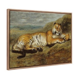 Kate and Laurel Sylvie Beaded Tiger Resting Vintage Framed Canvas Wall Art by Pierre Andrieu, 23x33 Gold, Soft Tiger Animal Painting for Wall