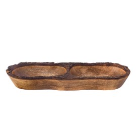 Divit Shilp Natural Wooden Tray, Serving Bowl for Salad, Veggies and Fruits, Large Deep Tray for Family, Party (Bark Edge with Two Compartments)