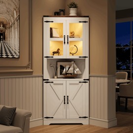 GarveeHome 67" Tall Corner Storage Cabinet with Lights, Farmhouse Corner Hutch Display Cabinet with Glass Doors, Wooden Storage Organizer for Kitchen, Living Room, Bathroom, White