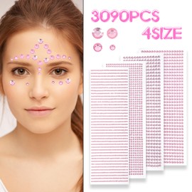 JIEYAO Self-Adhesive Rhinestone Sticker with Tweezer, 3090 Pcs Pink Face Gem Stick On, Acrylic Round Gemstones Stickers Crystal Embellishment Stickers Sticky Bling Clear Gem for Crafts Body Nails
