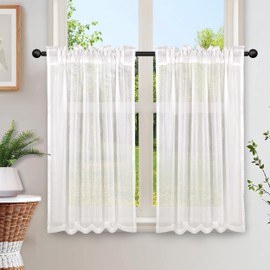 Heveer Net Curtain, Semi-Transparent Curtains, White, Half Bistro Curtain, Window Curtain Decoration for Living Room, Kitchen, Country House, Set of 2, 65 x 115 cm