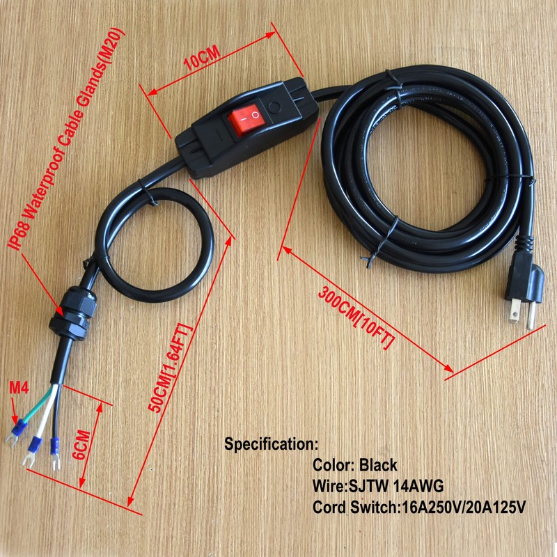 14AWG 3 Wire Replacement Power Cord,Open end with U-Type Terminal,12FT