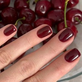 MouyouGlow Press on Nails Short, Squoval Cherry Red Plain Glossy Fake Nails with Nail Glue, Cherry Red Solid Artificial Fingernails